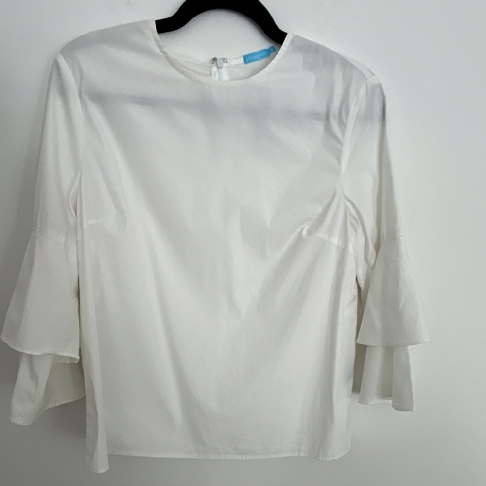 J. McLaughlin White Ruffle Sleeve Blouse Zip Closure‎ Cotton Blend M Women's